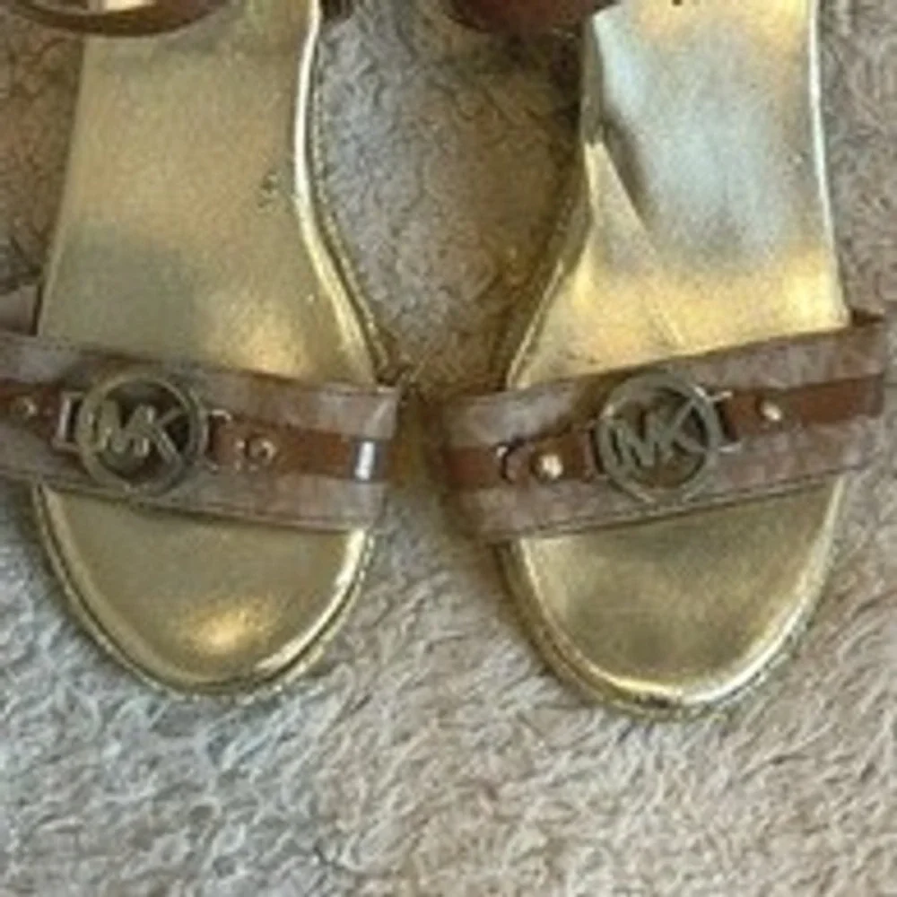 Michael Kors Gold Tan Monogram Espadrille Wedge Sandals MK Logo Buckle Strap